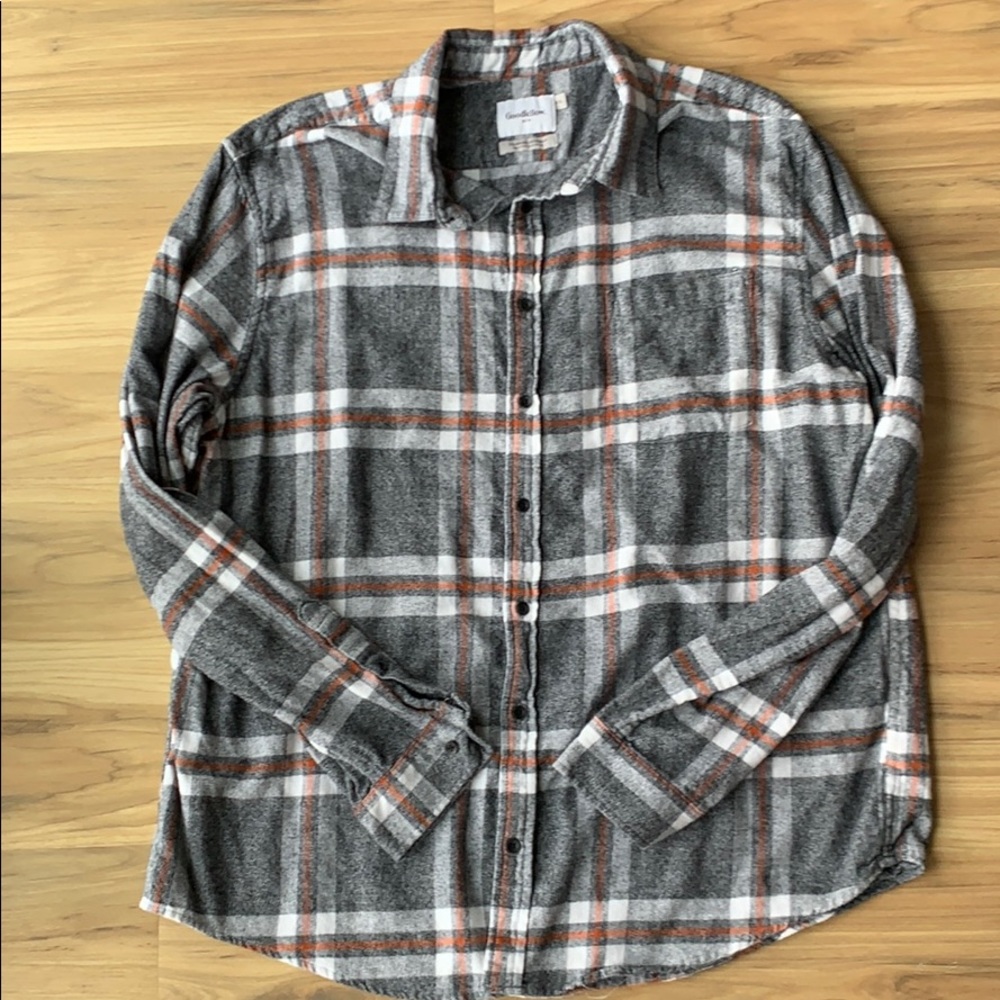 Grey, orange, and white plaid flannel